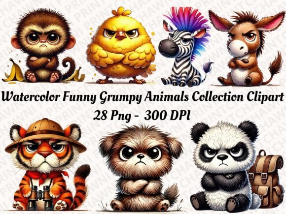 Download Watercolor Funny Grumpy Animals Clipart - Premium Resources