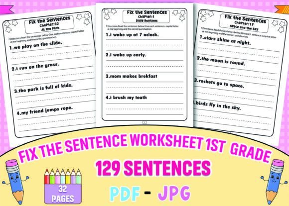 Download Fix the Sentence Worksheet for 1st Grade - 1st grade Collection