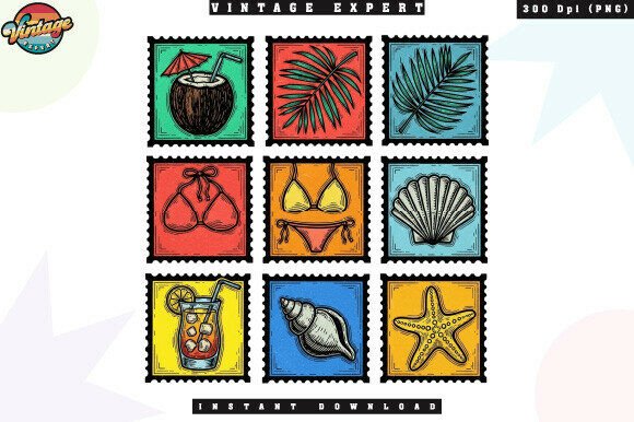 Download Vintage Summer Beach Postage Stamp PNG - Beach Collection